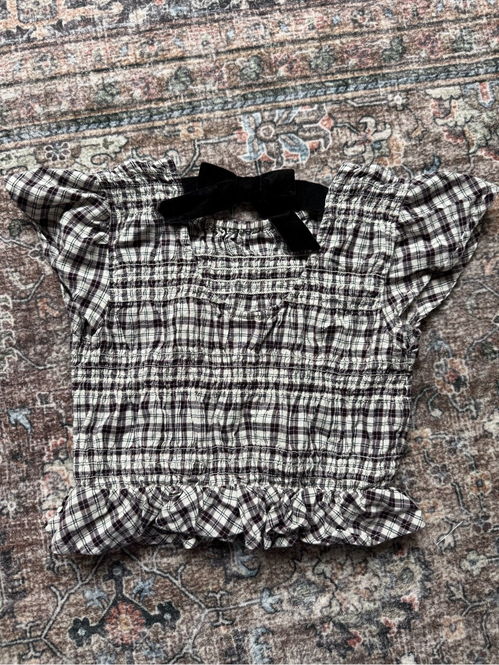Old Navy Holiday Black and White Plaid Smocked Top with velvet-like Bow